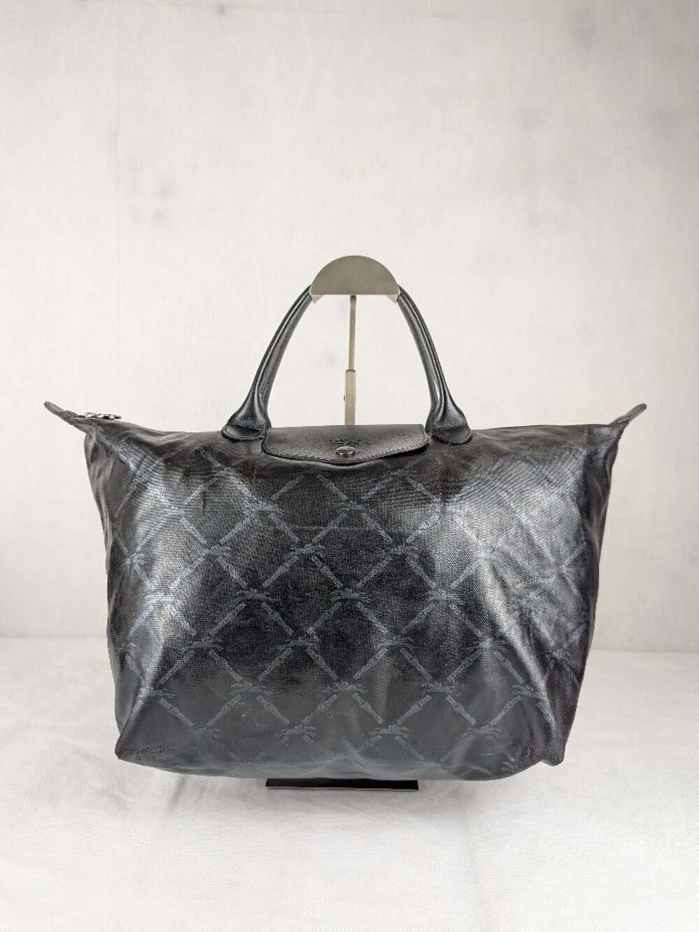 Longchamp Le Pliage Black Leather Foldable Tote Bag Handbag Travel Shoulder Used